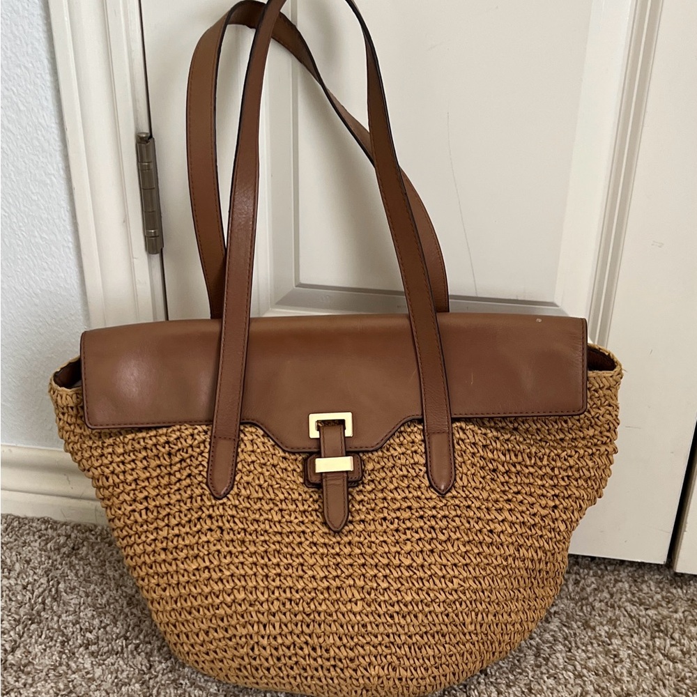 Micheal Kors Woven Straw Naomi Large Tote with Brown Leather Trim